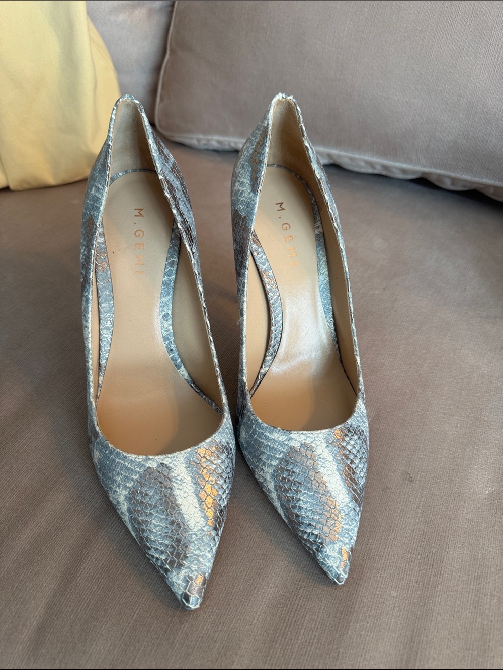 M. Gemi Metallic Snakeskin Pointed-Toe Pumps in Silver and Gray